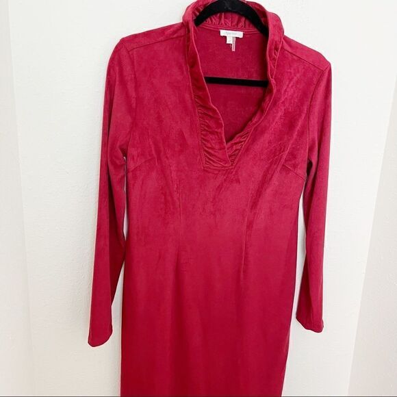 Tyler Boe Pomegranite Suede Ruffle Neck Shift Dress - Picture 4 of 9